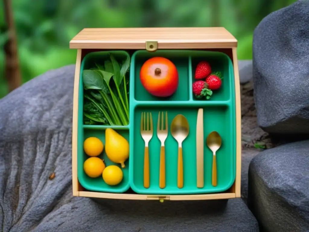 Consejos viaje sostenible zero waste: Set de cubiertos de bambú sobre bento box con frutas frescas en bosque verde