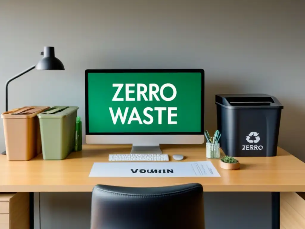 Consejos zero waste oficina sostenible: Imagen detallada de un escritorio ecofriendly, organizado y bañado por luz natural