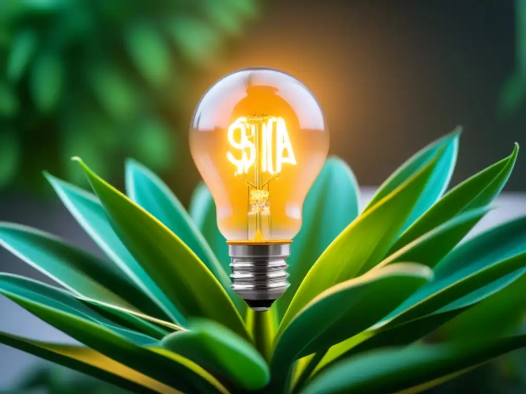 Iluminación LED de consumo sostenible: bulbo moderno iluminando planta verde en armonía