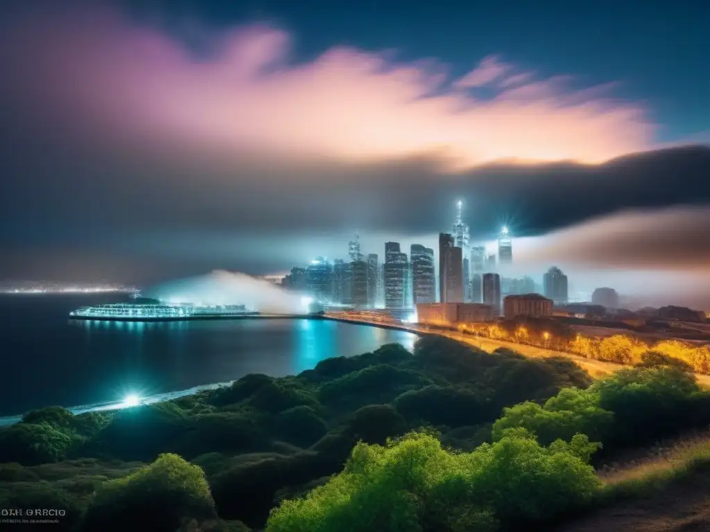 La contaminación lumínica afecta a los ecosistemas urbanos en este paisaje nocturno sereno y minimalista