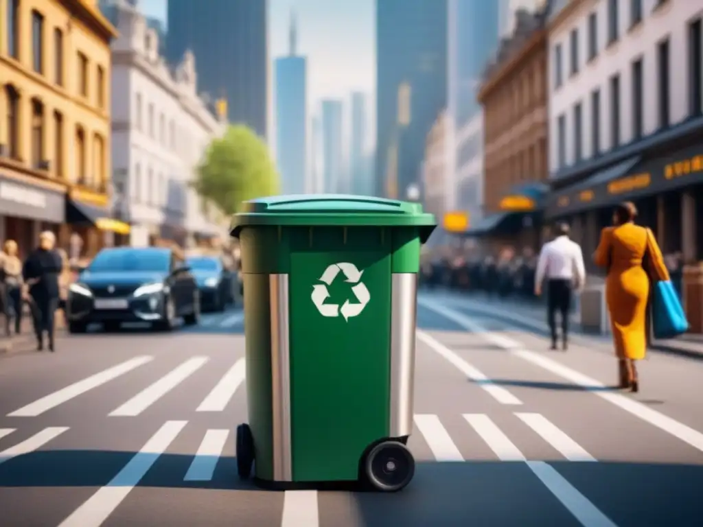 Un contenedor de reciclaje moderno en una ciudad activa, reflejando la sostenibilidad y las competencias de zero waste