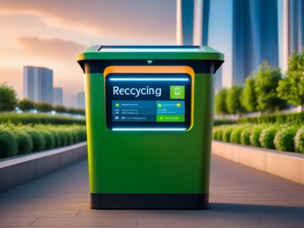 Un contenedor de reciclaje moderno con gamificación para fomentar reciclaje sostenible, rodeado de una ciudad futurista