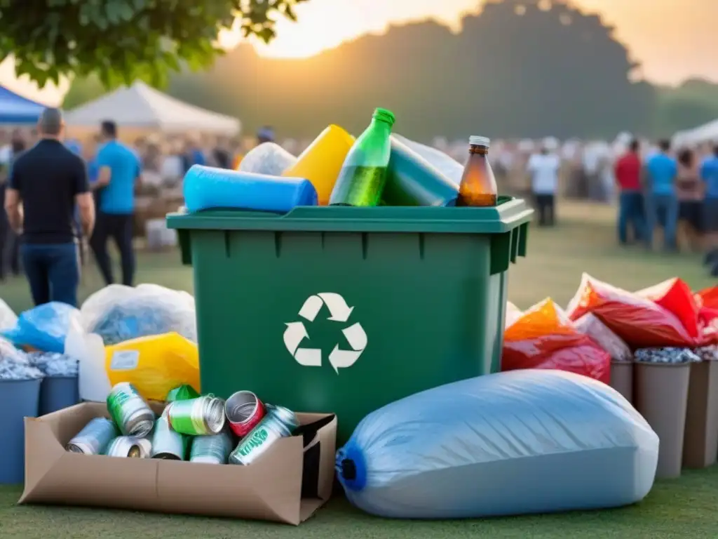 Contenedor de reciclaje rebosante en evento comunitario al atardecer, resaltando gestión sostenible residuos eventos comunitarios