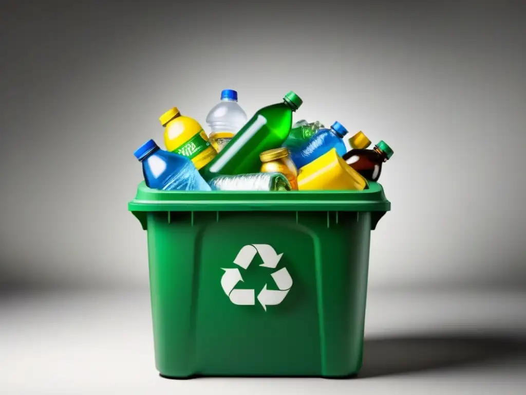 Un contenedor verde rebosante de objetos reciclables, como botellas de plástico, papel y latas