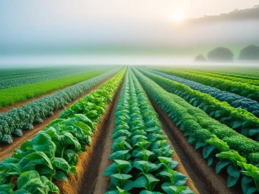 Contraste entre agricultura sostenible y convencional: diversidad frente a monocultivo en un campo verde exuberante