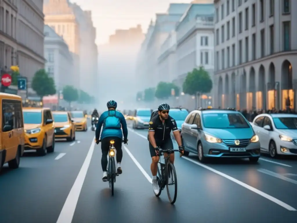 Contraste entre bulliciosa calle de la ciudad y tranquilo carril de bicicletas eléctricas, beneficios bicicletas eléctricas contaminación sonora