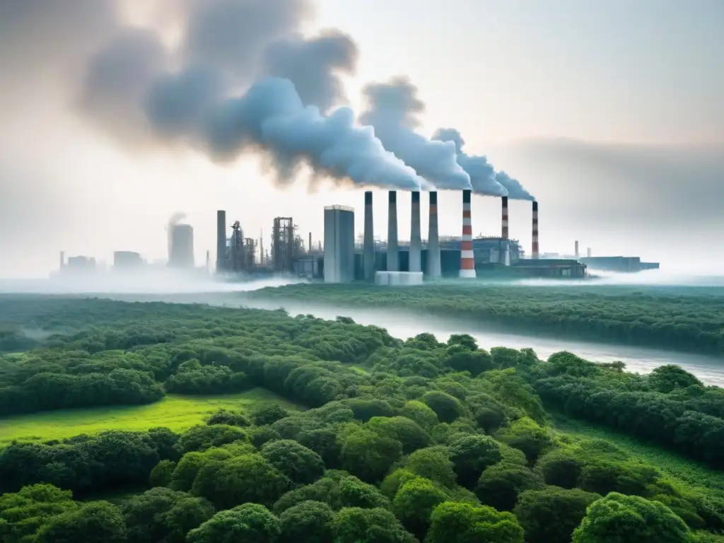 Contraste impactante entre consumo masivo y sostenibilidad ecológica: ciudad gris y contaminada frente a exuberante bosque lleno de vida