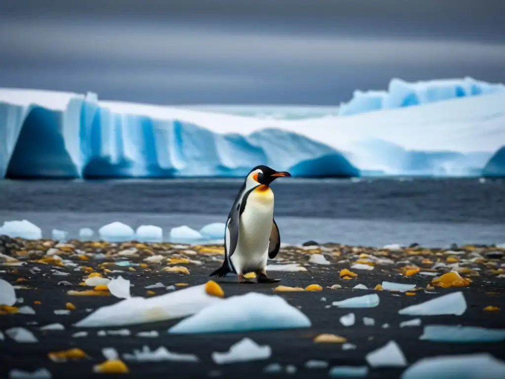 Contraste impactante: pingüino rodeado de residuos en la Antártida, reflejando el impacto en la biodiversidad vulnerable