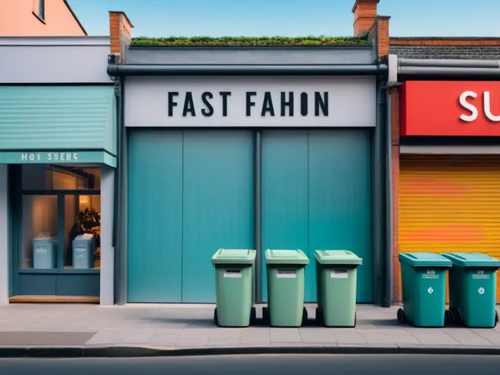 Contraste impactante entre tienda de moda rápida caótica y boutique de moda sostenible serena, ilustrando el impacto ambiental