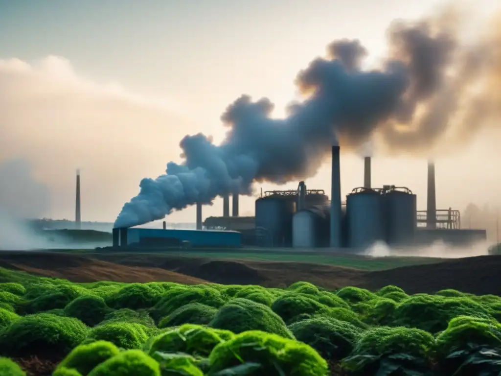 Contraste entre residuos industriales y ecosistema sostenible con fábrica emitiendo humo oscuro