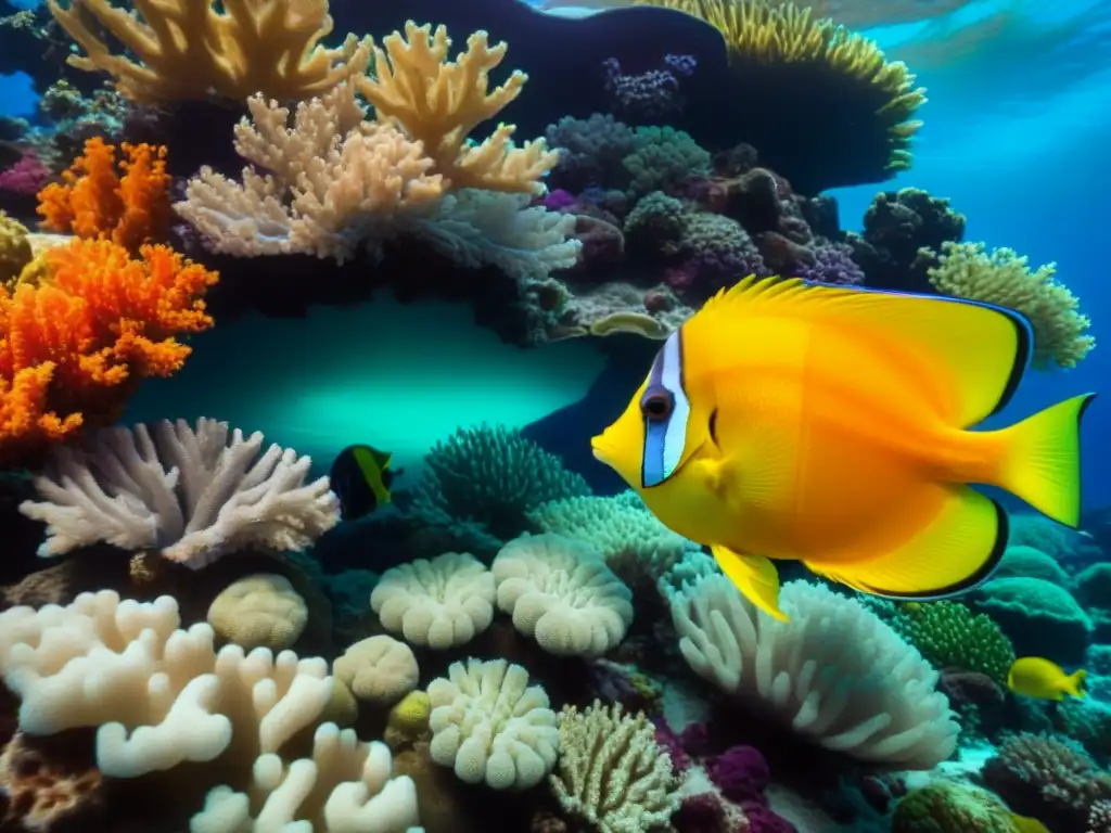 Un coral vibrante y diversa vida marina en un arrecife, resaltando la belleza y fragilidad del ecosistema marino