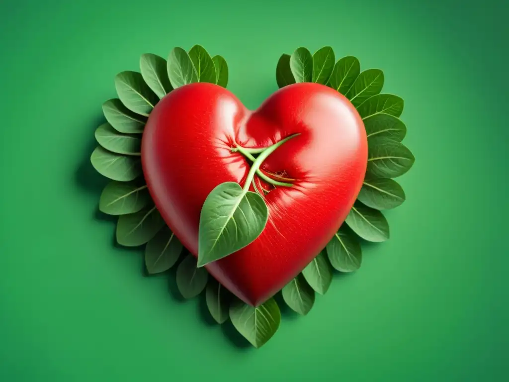 Un corazón rojo vibrante se entrelaza con tallos verdes, simbolizando la conexión entre la alimentación basada en plantas y la salud cardiovascular