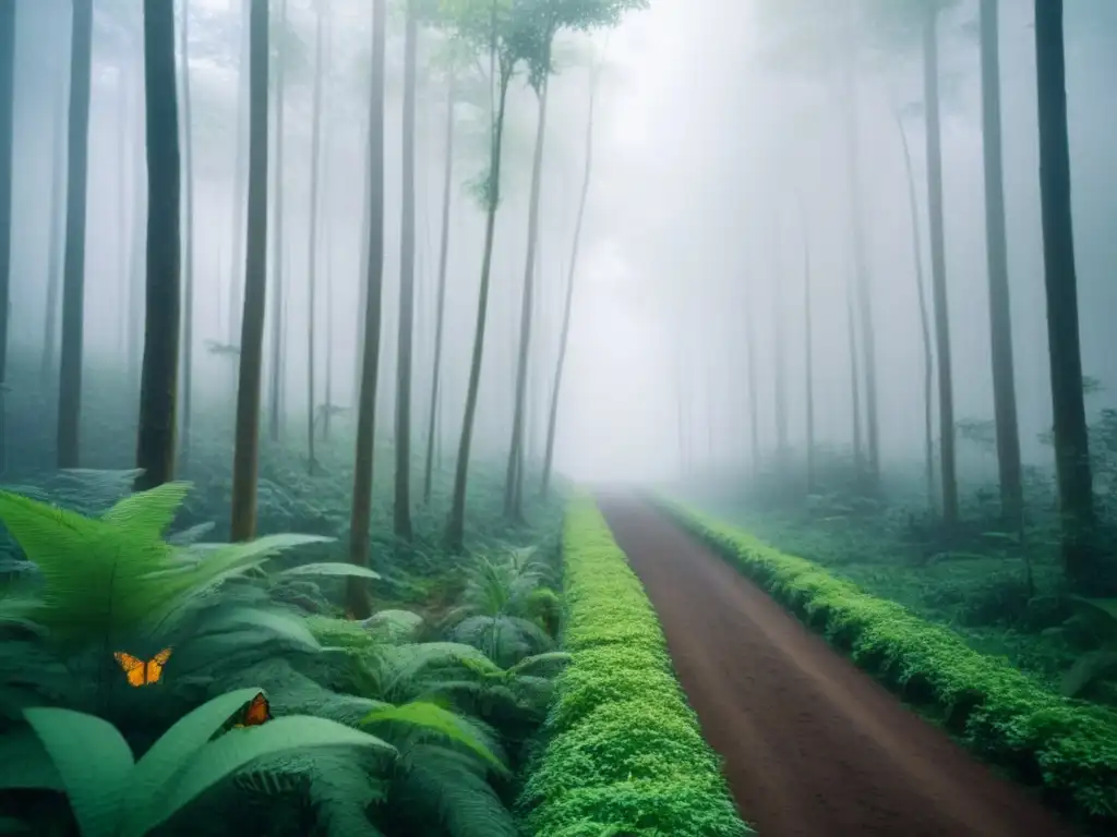 Un corredor verde vibrante en un bosque denso con diversa fauna y flora