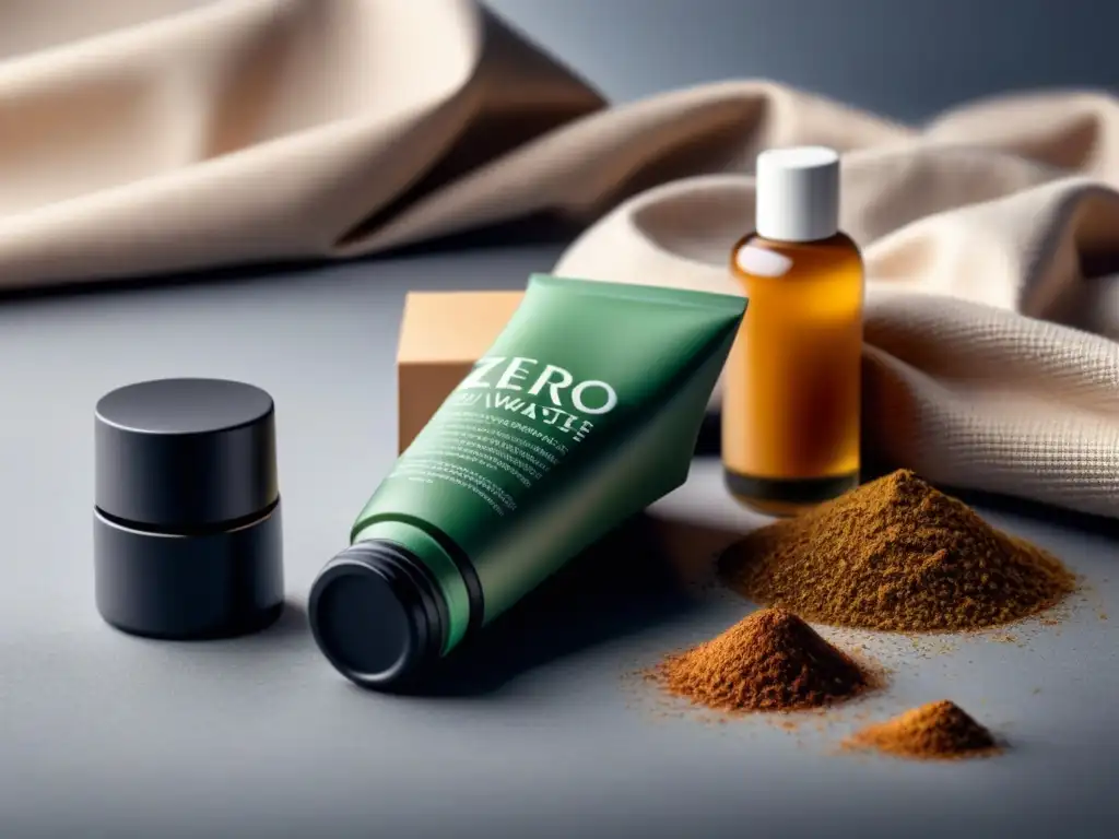 Transformación hacia cosméticos zero waste: Línea de productos ecoamigables en tonos naturales sobre fondo blanco minimalista