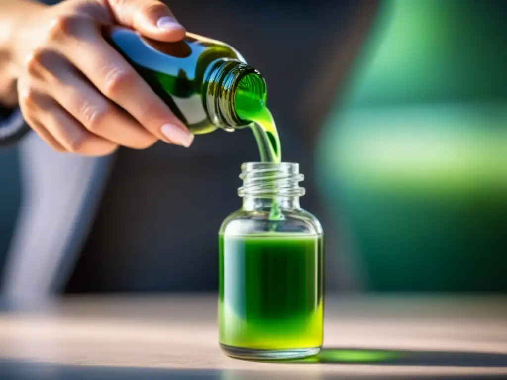 Creación de recetas cosmética verde casera: detalle del líquido verde fluyendo de una botella a un elegante envase cosmético