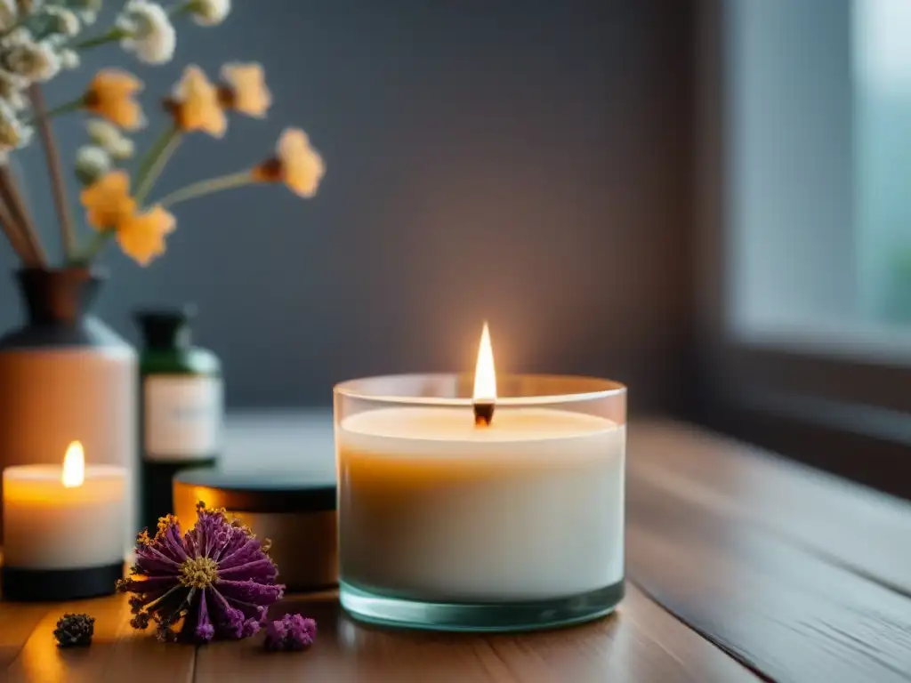 Creación de velas y ambientadores naturales eco en mesa de madera con elementos naturales y luz suave