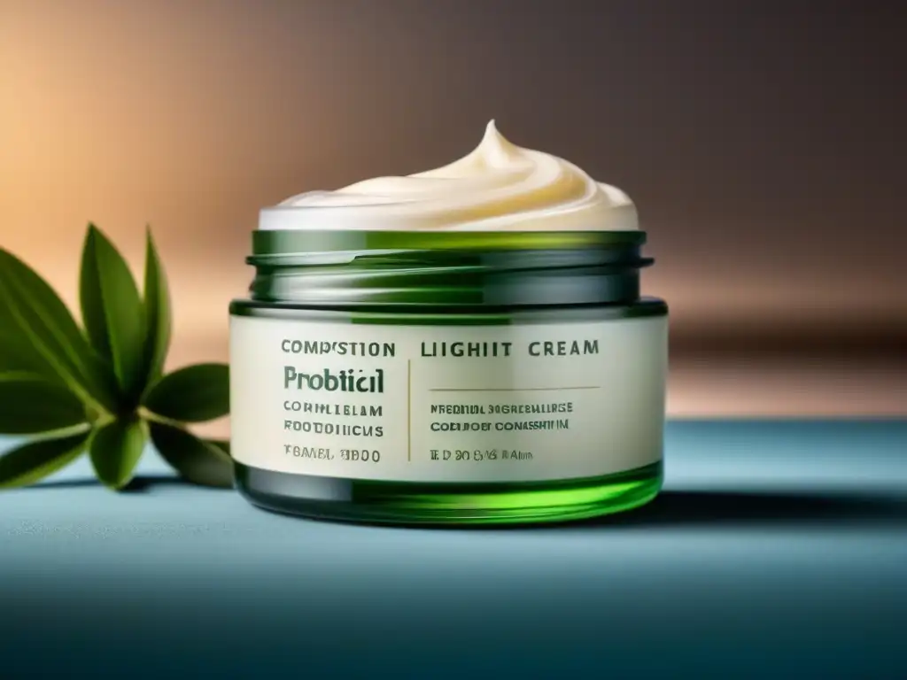 Crema facial probiótica en tarro de vidrio, resaltando su textura sedosa y beneficios probióticos en cosméticos