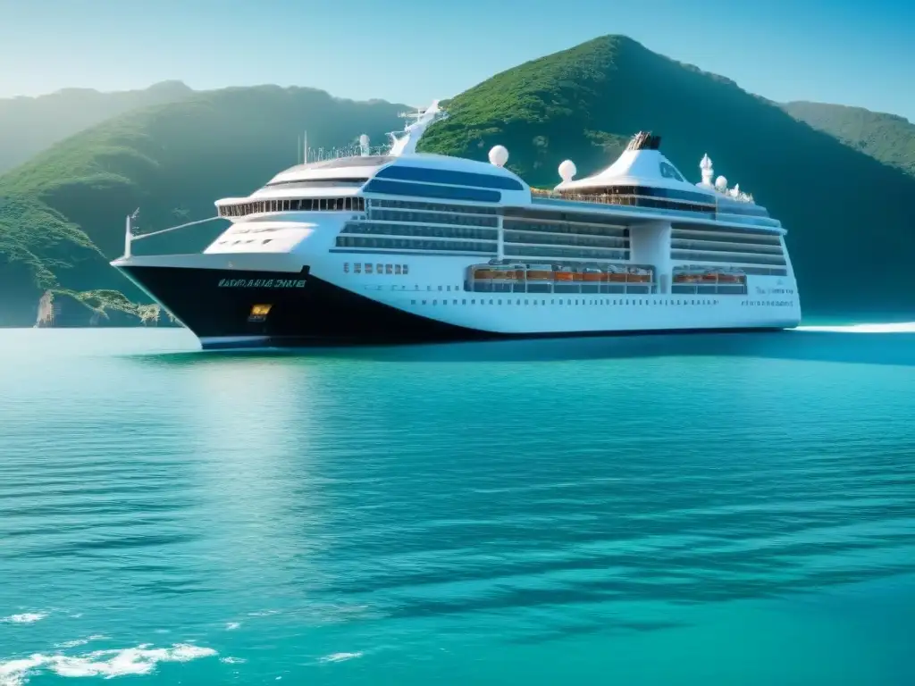 Crucero sostenible navegando en aguas cristalinas, rodeado de vegetación