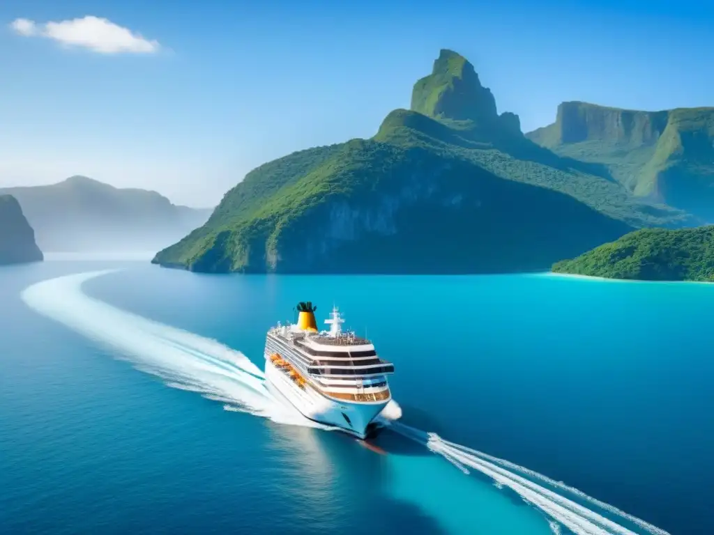 Un crucero sostenible navegando entre islas verdes bajo un cielo azul, con paneles solares brillando al sol