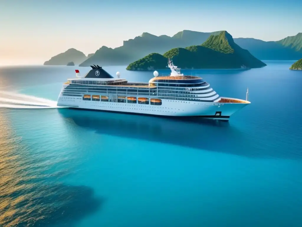 Un crucero sostenible de lujo navega en aguas turquesas con islas tropicales al fondo bajo un cielo azul