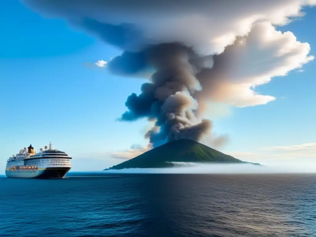 Comparación entre crucero tradicional con huella de carbono y crucero sostenible rodeado de vida marina y cielos despejados