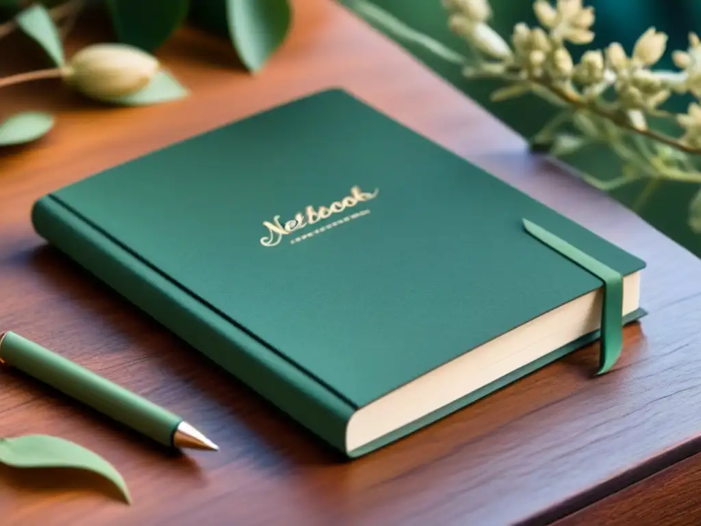 Cuaderno ecológico con diseño minimalista y hojas escritas a mano rodeadas de pétalos secos en un ambiente sostenible y natural