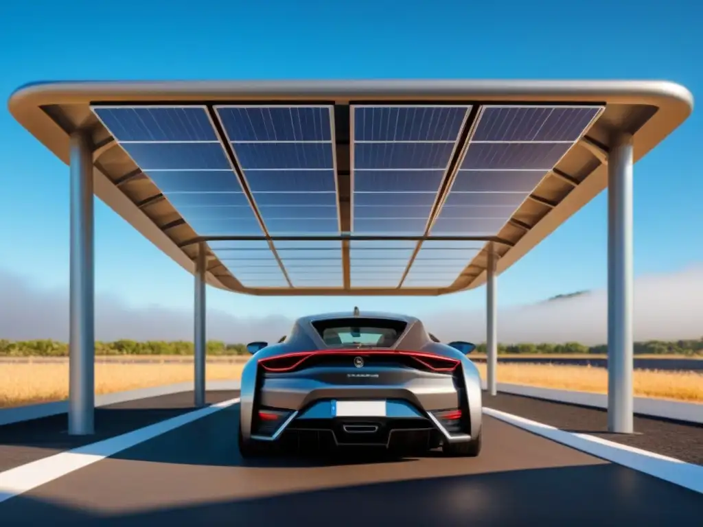 Una cubierta solar para coches eléctricos en un entorno moderno y sostenible, con paneles solares futuristas