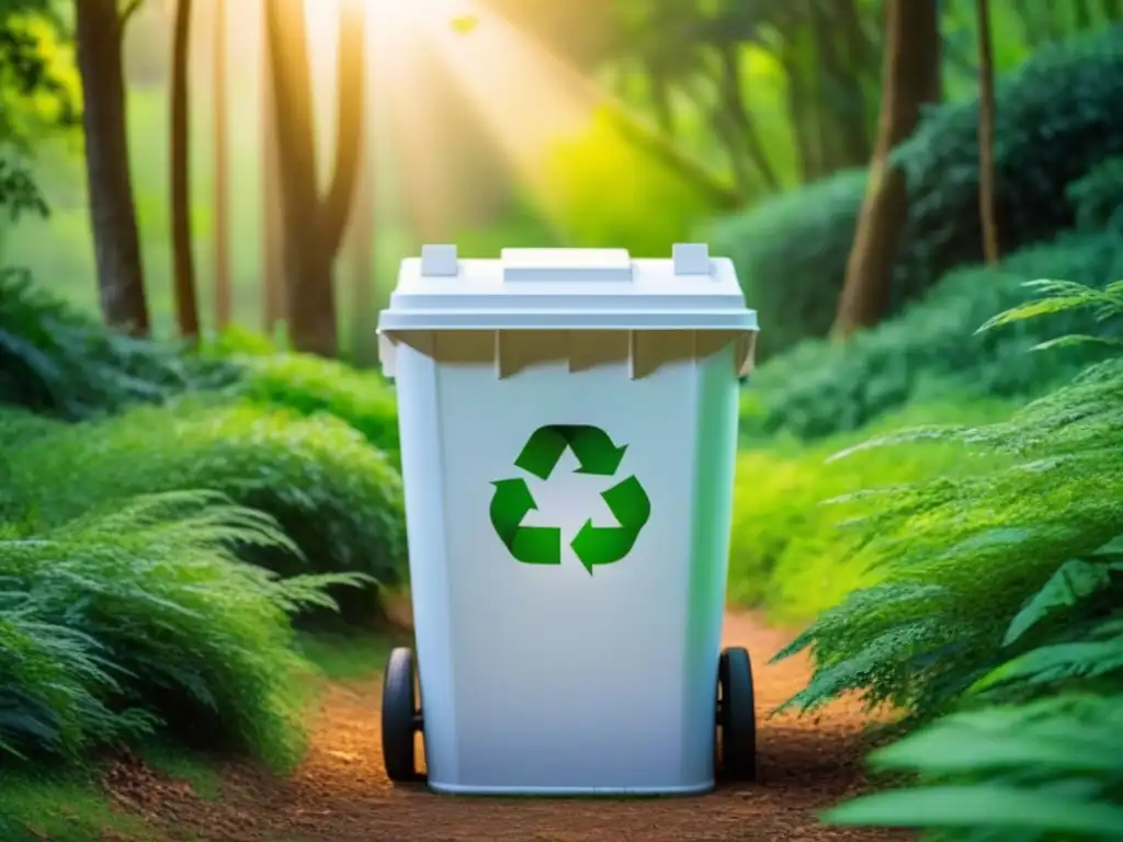 Un cubo de reciclaje blanco inmaculado con el símbolo de reciclaje verde brillante, destacando en un bosque verde exuberante