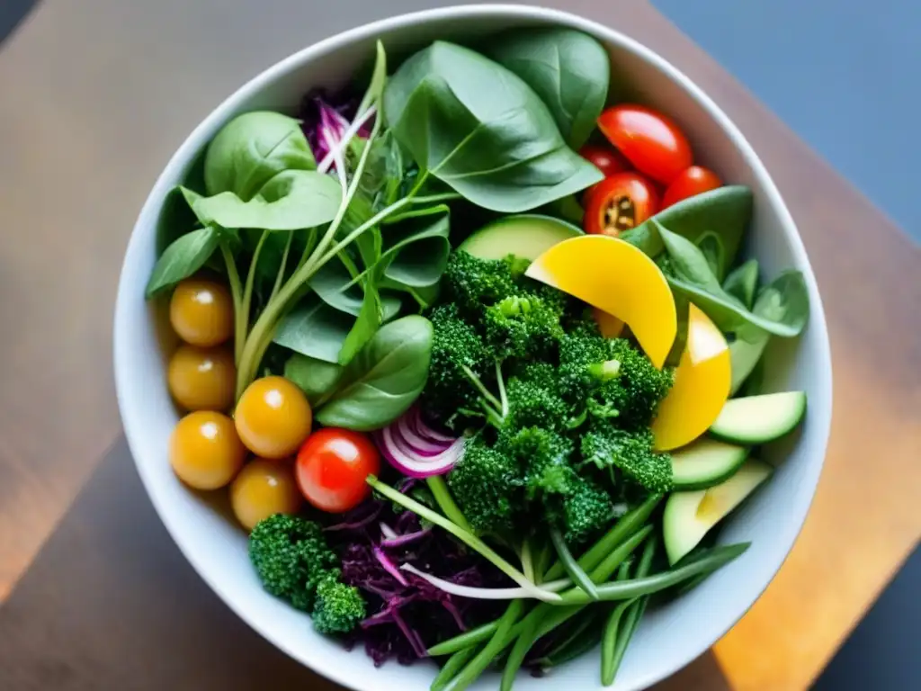 Un cuenco de ensalada vibrante y colorida, con vegetales frescos y sostenibles