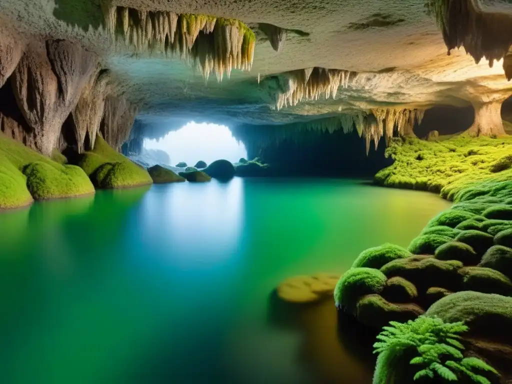 Explora la cueva subterránea iluminada por luz natural, con estalactitas y estalagmitas