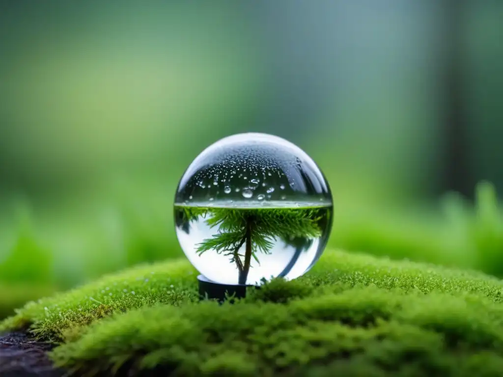 Una delicada esfera de vidrio sobre musgo verde, con gotas de agua brillando, simbolizando la importancia del arte en conciencia ambiental