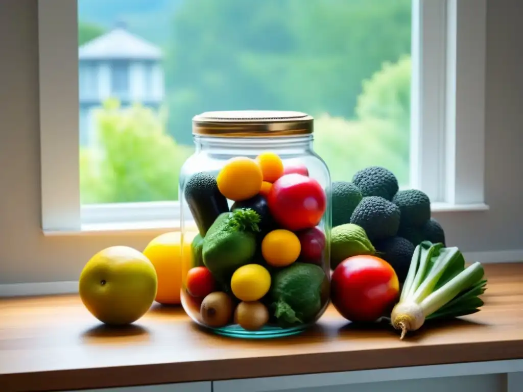 Delicada composición de frutas y verduras en frascos de vidrio en una encimera de madera