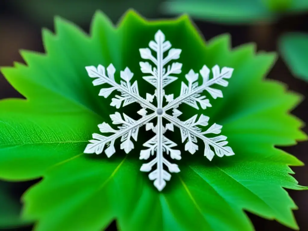 Un delicado copo de nieve reposa en una hoja verde, destacando su estructura cristalina y texturas en alta definición