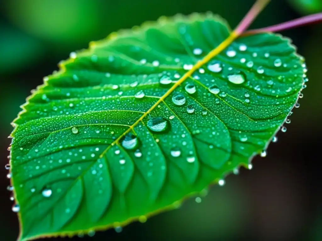 Un delicado equilibrio de la naturaleza: una hoja verde vibrante cubierta de gotas de rocío, reflejando la luz