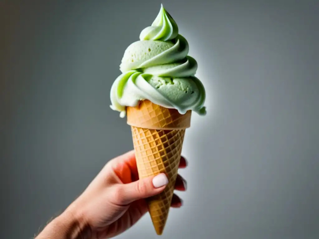 Delicado helado casero zero waste con hoja de menta fresca en cono sostenible, sobre fondo blanco