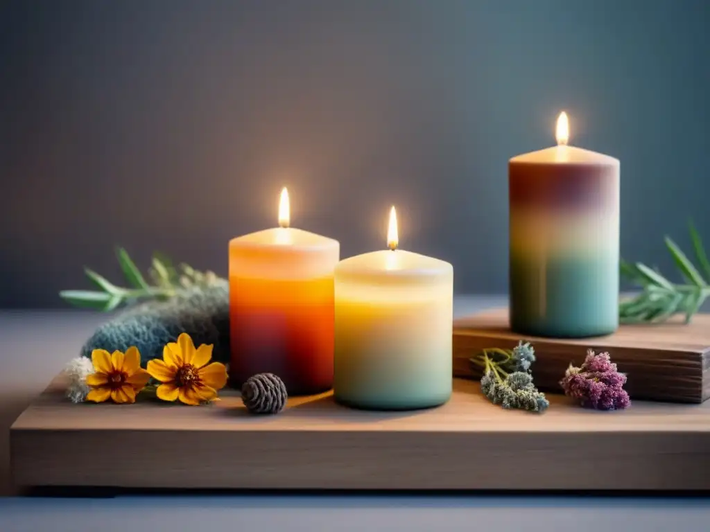 Un delicado y sereno arreglo de velas y ambientadores naturales eco, con colores terrosos y detalles naturales incrustados