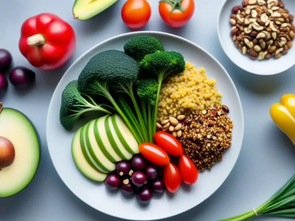 Deliciosa alimentación basada en plantas sostenible en un plato blanco elegante con ingredientes frescos y coloridos