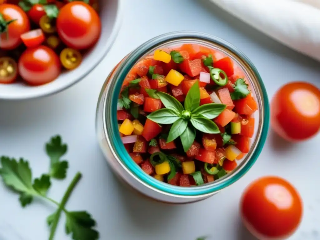 Deliciosa salsa zero waste de tomate, cebolla, jalapeños y cilantro en frasco de vidrio