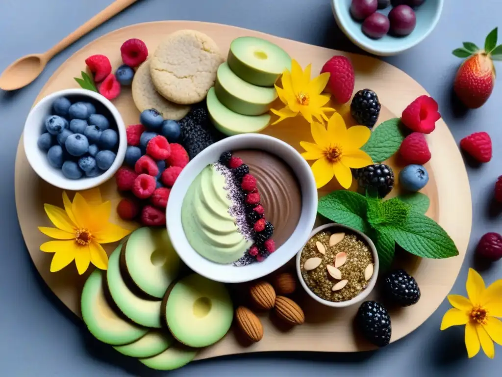 Una deliciosa y colorida bandeja de postres veganos zero waste sostenibles, con mousse de aguacate, pudín de chía y galletas de almendra