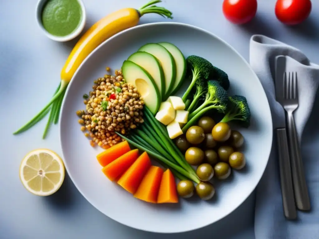 Deliciosa y colorida comida a base de plantas sobre un plato blanco, iluminada por el sol