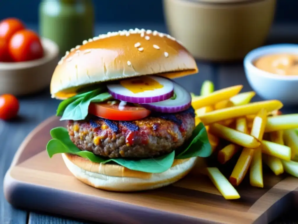 Deliciosa comida rápida sostenible fácil: una hamburguesa vegana artesanal con ingredientes coloridos y vibrantes sobre tabla de madera