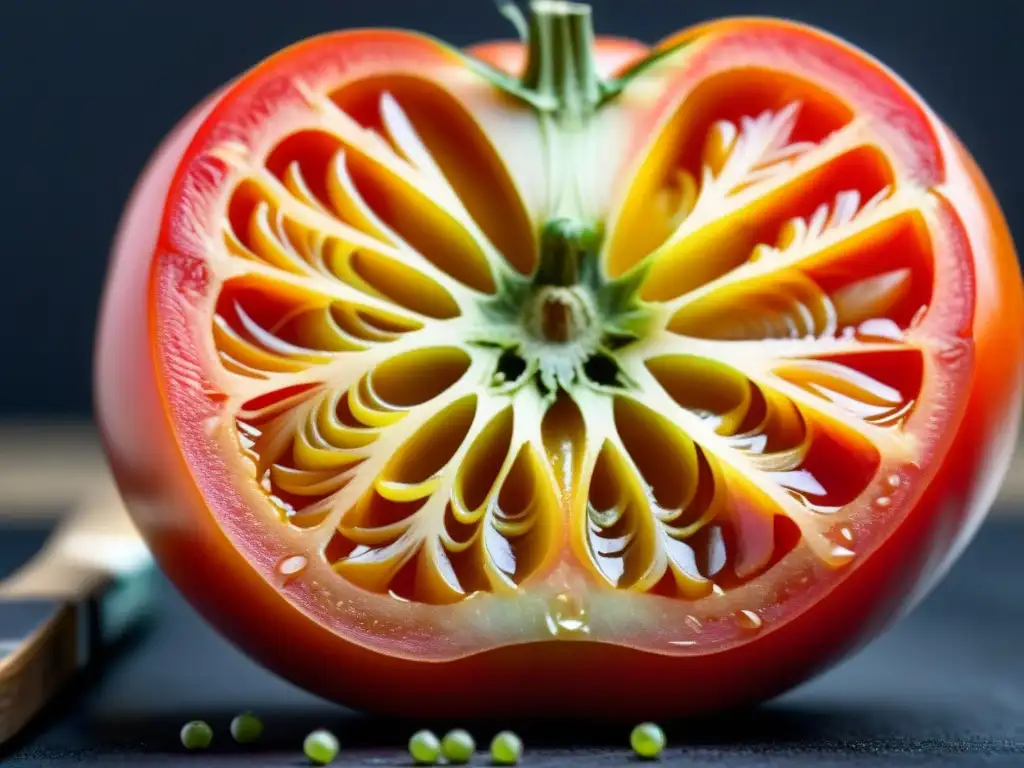 Deliciosa herencia: tomate maduro en un corte detallado sobre tabla negra, listo para cocinar