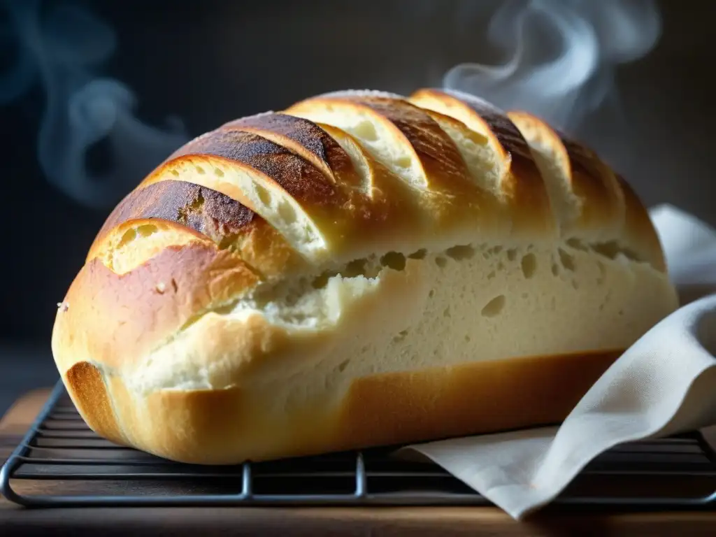 Deliciosa hogaza dorada de pan de masa madre enfriándose en una rejilla, con vaporcitos, ideal para recetas panadería ecológicas zero waste