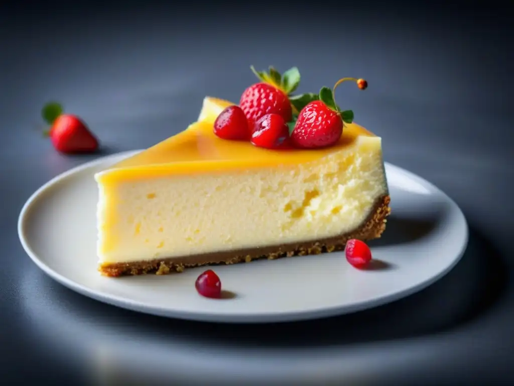 Deliciosa rebanada de cheesecake con bayas frescas en plato blanco