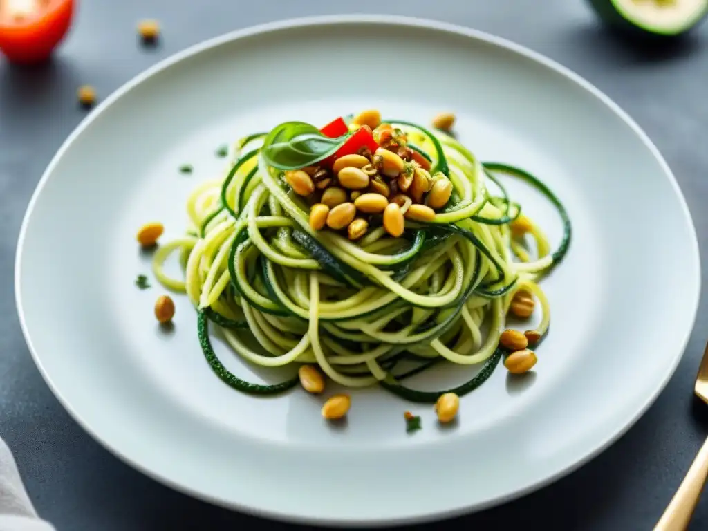 Deliciosa receta de comida raw zero waste: espaguetis de calabacín con pesto, piñones y albahaca en plato blanco