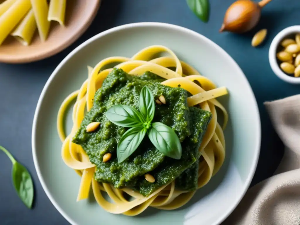 Deliciosa receta zero waste huella ecológica: pesto verde fresco y vibrante sobre pasta, con piñones y queso rallado