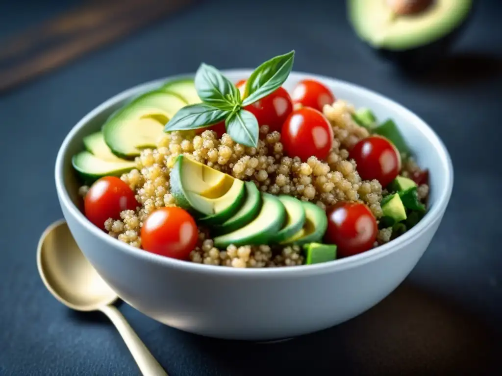 Deliciosa receta quinoa sostenible superalimento: ensalada colorida con tomates cherry, pepino, aguacate y quinoa en un tazón moderno