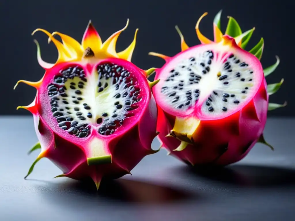 Deliciosa pitahaya roja partida en dos, con su patrón blanco y semillas negras sobre fondo negro mate