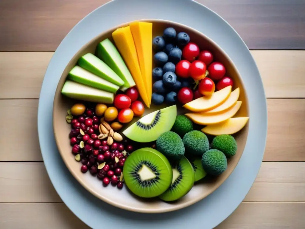 Deliciosa variedad de frutas y verduras en un plato, transmitiendo los beneficios de una dieta basada en plantas