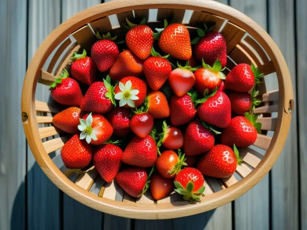 Deliciosas fresas rojas recién recolectadas en una cesta de madera, con destellos de agua